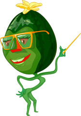 Cartoon watermelon with glasses holding pointer in his hand. Vector illustration of cartoon watermelon character with glasses holding pointer in his hand. Friendly face, bright green skin, education