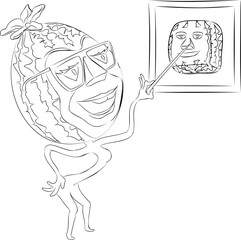Line art illustration of cartoon watermelon with glasses holding pointer in his hand. Vector illustration of cartoon watermelon character with glasses holding pointer in his hand, pointing at picture.