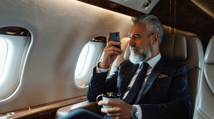 A man in a suit is sitting in an airplane, looking at his cell phone