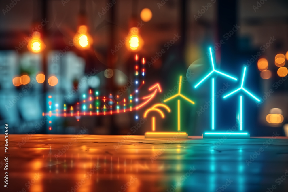 Poster neon wind turbines with blurred background of modern office and data visualization
