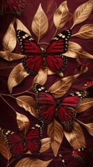 3D Abstract Composition with Vintage Crimson Red Butterflies Hovering Over a Delicate Gold Leaf Pattern, Set Against a Rich Burgundy Background