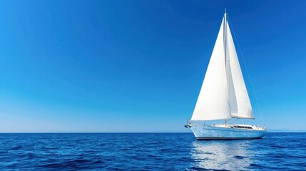 Obraz premium A serene scene of a white sailboat gliding across the calm blue ocean under a clear sky, perfect for summer adventures.
