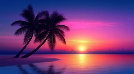 Obraz premium A serene sunset over a tranquil beach, featuring silhouettes of palm trees against vibrant purple and orange skies.