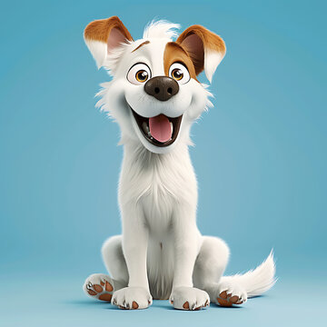 Youthful Dog Cartoon, Youthful dog with captivating eyes and a charming smile in a 3D cartoon style isolated on blue background sharp focus ISO 400 