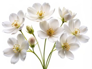 Delicate petals unfolding from slender stems, a serene arrangement of white flowers isolated against a pure white background as a transparent PNG image.