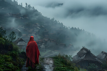 Visualize an ethnographer in a remote mountain village, documenting the unique cultural practices and social structures