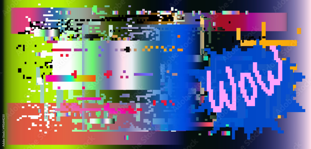 Poster Retrofuturistic abstract background with pixelated glitches and ambient light leak effects.