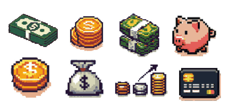 A set of isometric pixel-art elements illustrating the theme of money and finance. Images of coins and banknotes in cartoon style that are perfect for video game items.