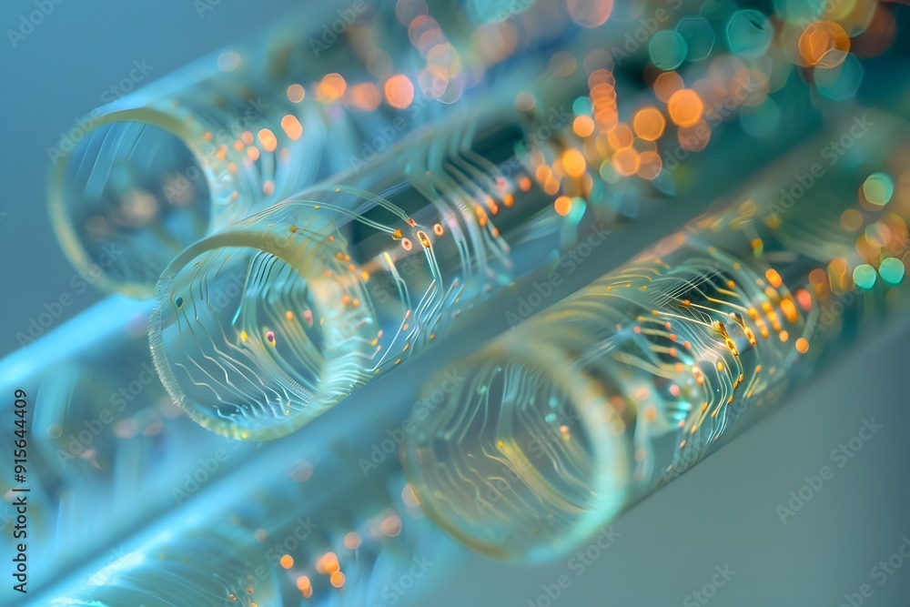 Poster a close-up of the backside of three glass fibers, each covered in intricate patterns and colors that
