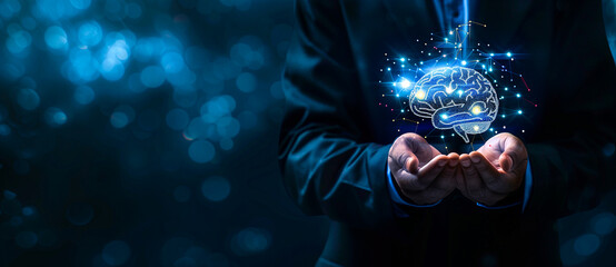 Businessman holding a brain icon with an office background, in the style of a digital twin concept of human interface technology for creative thinking and intelligence. A business manager or employee 