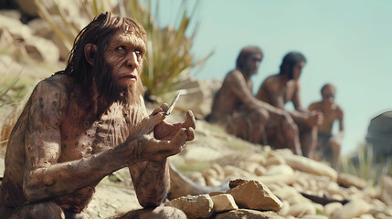 Visualize the evolution of human technology, from simple stone tools to complex machinery, over thousands of years