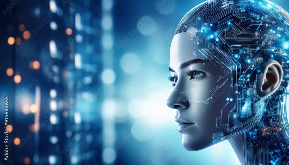 Poster artificial intelligence robot with circuitry, symbolizing technology, innovation, and future.