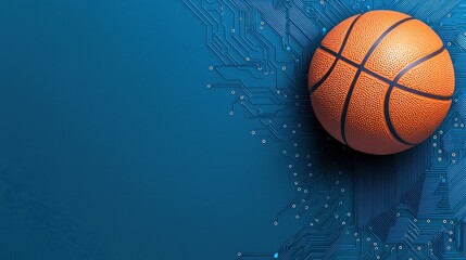 A vibrant basketball against a blue digital background, showcasing the fusion of sports and technology in a modern setting.