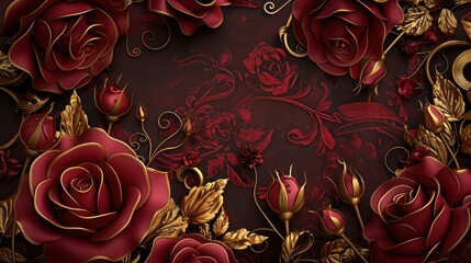 Captivating 3D Abstract Design with Vintage Crimson Red Roses and Golden Filigree Flourishes on a Rich Burgundy Backdrop