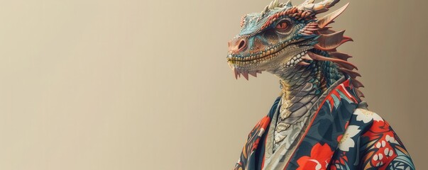 Discover a dragon in a traditional kimono, viewed from a bold, tilted angle