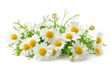 Chamomile flowers, buds and leaves bunch isolated on white background