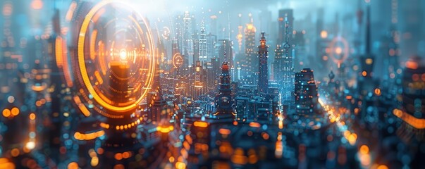 Form a visually striking image of a futuristic holographic cityscape viewed through a distorted lens at a unique tilted angle, emphasizing advanced technologies