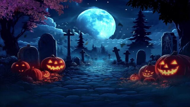 halloween pumpkin night scary in the graveyard, dark concept, cartoon or anime style animation looping video animated background
