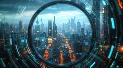 Illustrate a distorted lens framing a holographic cityscape with futuristic technologies from a dramatic tilted angle perspective