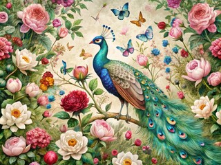 Vibrant peacock amidst lush flowers, roses, and delicate branches, surrounded by fluttering butterflies, set against a stunning, intricately detailed vintage-inspired wallpaper design.