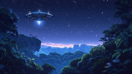 Illustrate a moment where a holographic message is being delivered by a floating drone in a lush, overgrown forest under a starry night sky