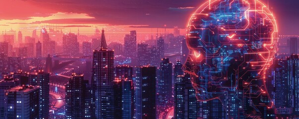 Illustrate a mind-bending mix of future tech and psychology in a cityscape, utilizing unexpected camera angles for a striking visual impact