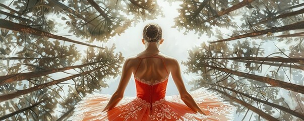Illustrate a rear view ballerina in a surreal forest, captured from below in oil painting style