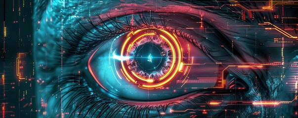 Illustrate a robotic eye with glowing neon lights and sleek