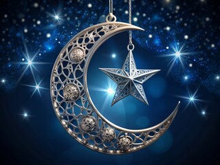 A delicate silver crescent moon ornament adorned with intricate star details shines brightly against a dark blue background, evoking a sense of celestial magic.