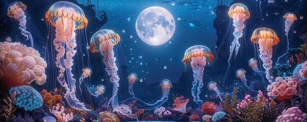 Illustrate a wide-angle view of a moonlit ballroom in a futuristic underwater world, featuring elegant jellyfish dancers and bioluminescent floral decorations