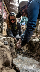 An anthropologist collaborating with archaeologists on a dig site, uncovering artifacts and studying the sociocultural patterns of ancient societies