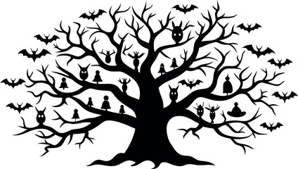 Set of silhouettes of Halloween tree