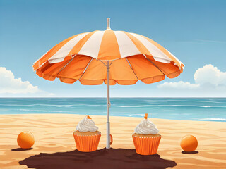 summer beach scene with umbrella ai generative illustrations 