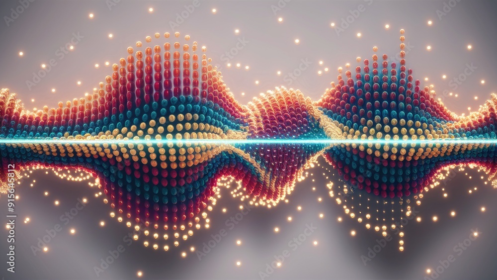 Poster vibrant and eyecatching depiction of sound waves formed by multicolored dots on a light backdrop per