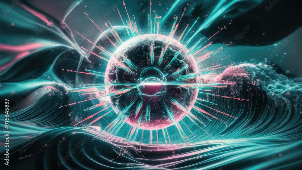 Poster futuristic energy sphere with radiant light rays dynamic waves and vibrant particles in an abstract 