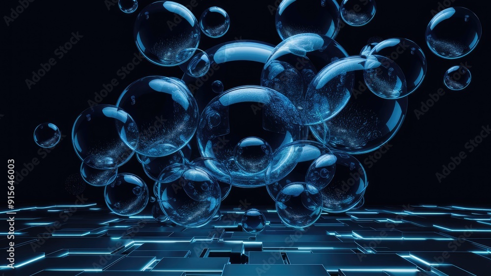 Poster abstract blue bubbles on a dark background representing technology and digital interfaces
