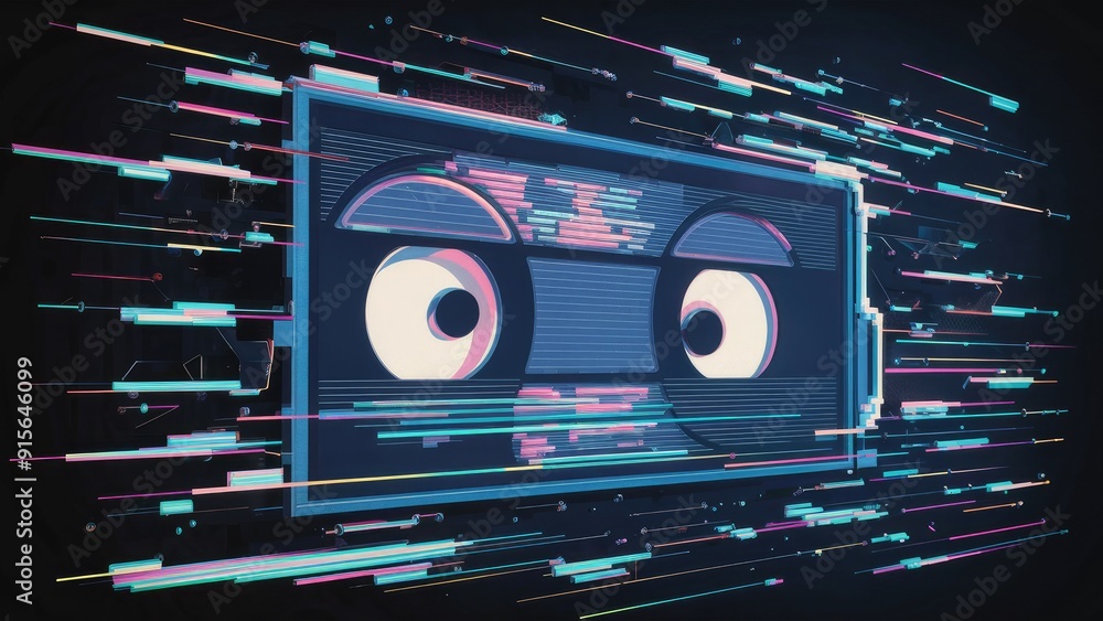 Poster glitchy digital lines and pixels on a dark backdrop evoking a corrupted vhs tape effect