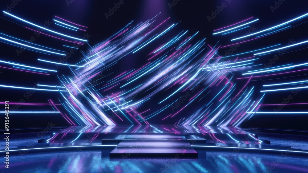Poster Vibrant abstract neon light patterns in motion creating a dynamic stage show background with reflections Trendy 3D ultraviolet lines for a futuristic studio effect ideal for corpora
