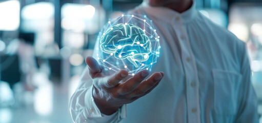Businessman holding a brain icon with an office background, in the style of a digital twin concept of human interface technology for creative thinking and intelligence. A business manager or employee 