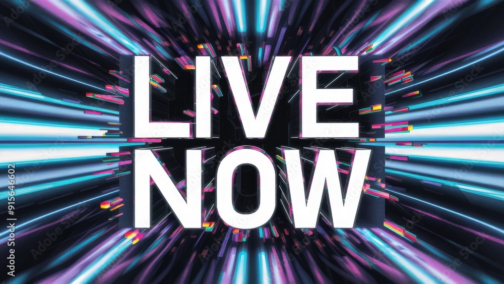 Poster 3d rendering of live now text featuring dynamic screen effects and visual glitches