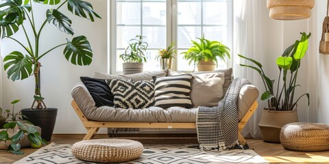 Vertical image of a cozy lounge room interior in boho chic style with a sofa by the window cushions decorative items and green plants against a white wall