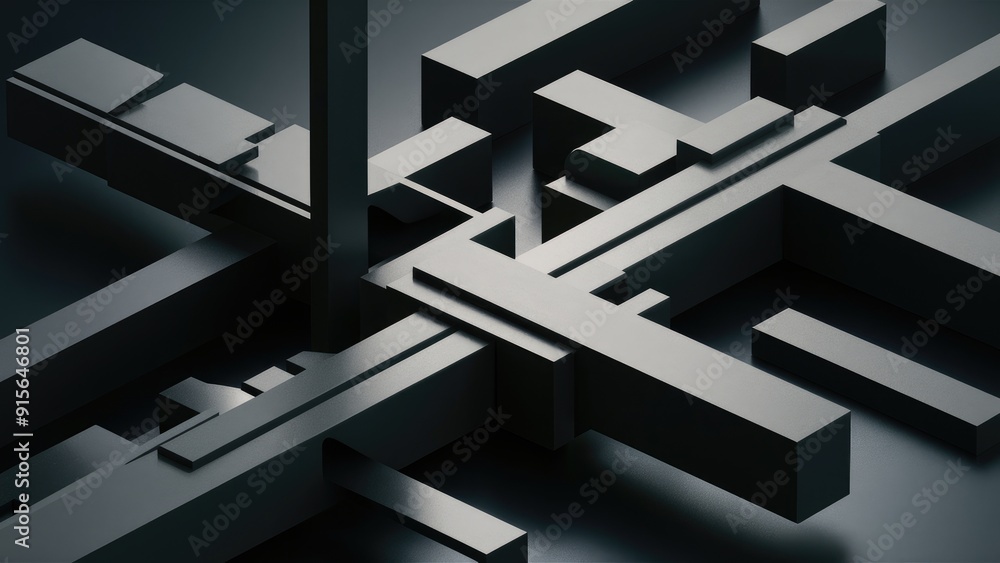 Poster abstract monochrome background with dark gray geometric blocks in 3d