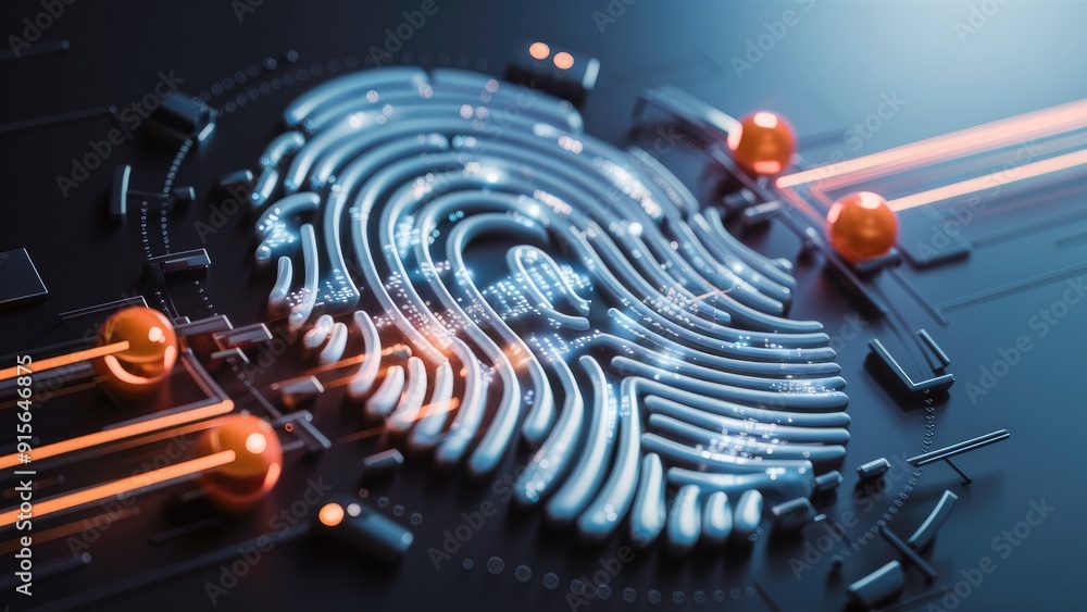 Aufkleber fingerprint with data processing and light trails on a dark background concept of global technology 