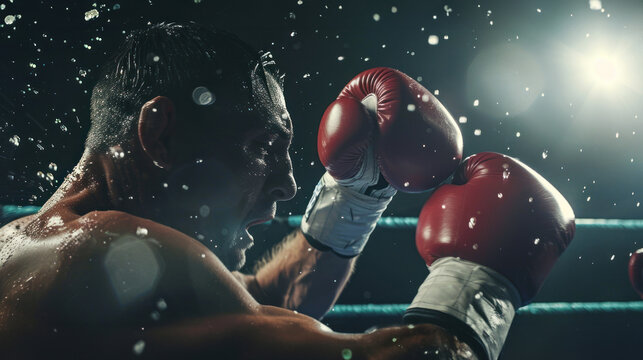 Boxing match with fierce punch under bright lights