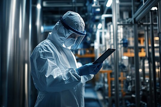Scientist in protective clothing using digital tablet while working in modern industrial facility