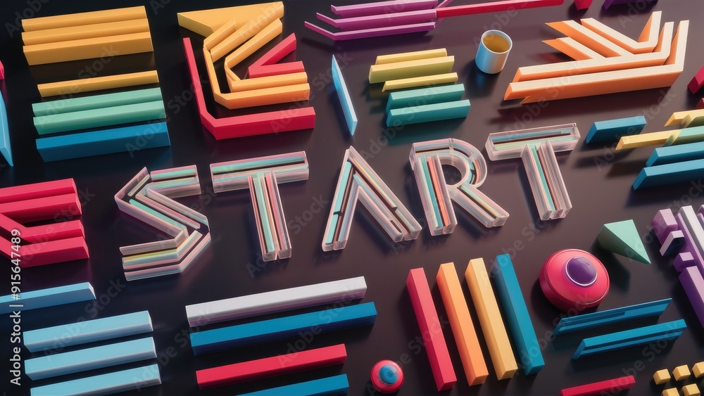 Poster dynamic abstract shapes with start text on a dark background evoking retrofuturistic and digital int