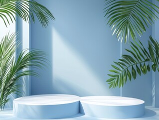Obraz premium Bright Minimalism: Clean Composition with Palm Leaves, Podiums, and Geometric Shapes on Blue Background