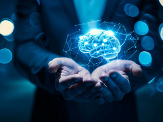 Businessman holding a brain icon with an office background, in the style of a digital twin concept of human interface technology for creative thinking and intelligence. A business manager or employee 
