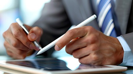 business professional using a tablet with a stylus to review financial data