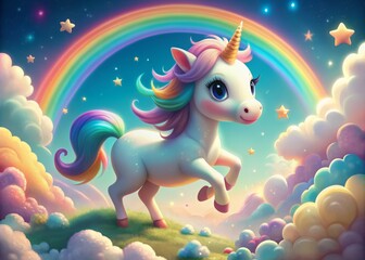 Fototapeta premium Whimsical 3D cartoon illustration of a adorable unicorn prancing on fluffy clouds surrounded by vibrant rainbow hues, perfect for kids' room decor and children's literature.